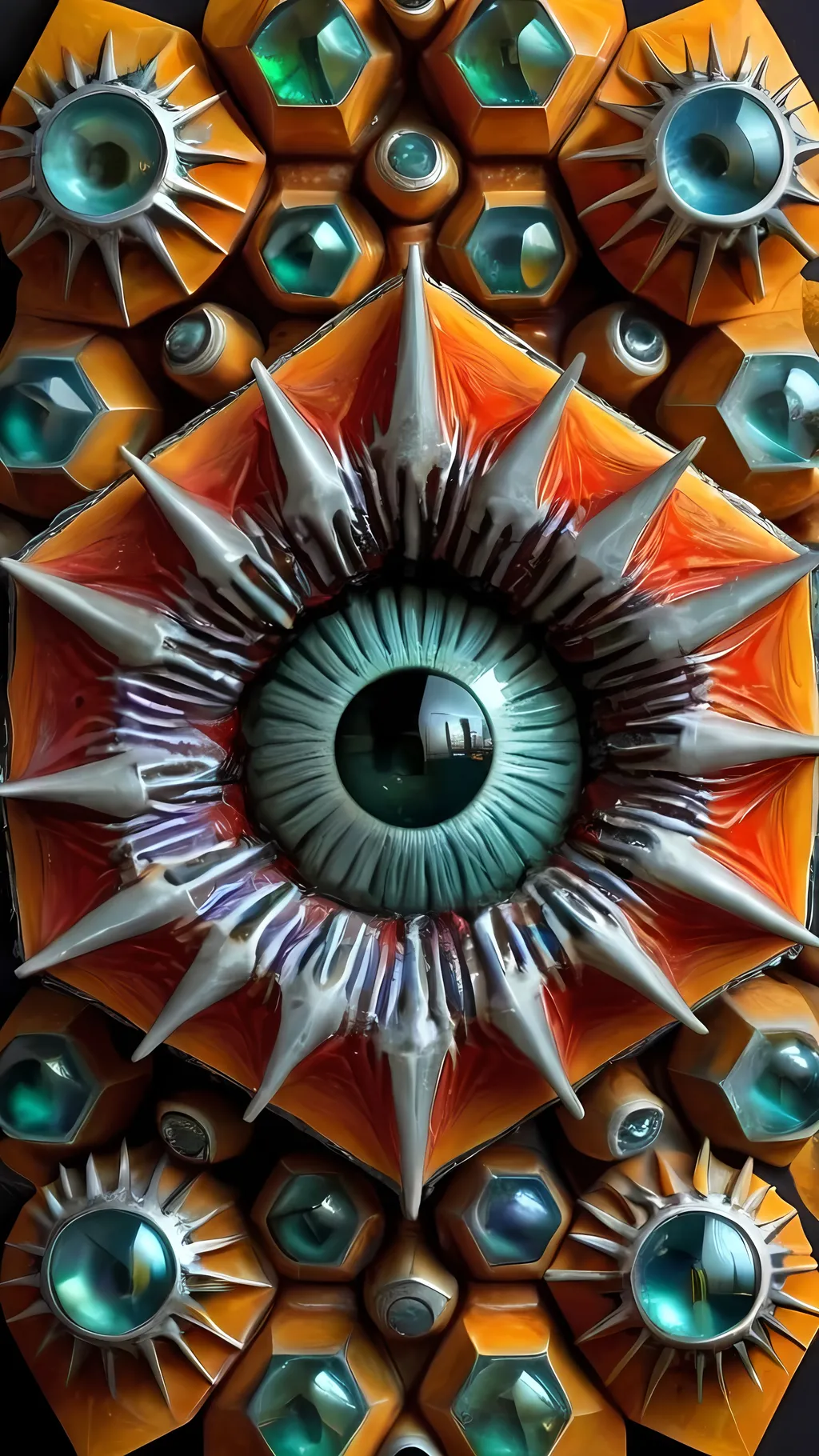 Prompt: Create an extremely hyper-realistic, ultra super textural, weird, trippy, surreal, psychedelic eyes/teeth/mouth pattern/design based on “Great Stellated Dodecahedron” with lots of human eyes (crazy colorful compound psychedelic), rows of human teeth, human lips, and tongues. 

- **Colors**: determined by the properties and expressions of the elements (& their isotopes), minerals, and metals: Nickel (Ni), Aventurine, Chrysoberyl

**Shapes and forms**
- “Great Stellated Dodecahedron”
-other shapes determined by the natural properties and expressions of the elements (& their isotopes), minerals, metals, and biological organisms: diatoms, Nickel (Ni), Aventurine, Chrysoberyl


- **Textures**: Derived from any/all elements (& their isotopes), minerals, metals, crystals, organic things mentioned in this prompt: “Great Stellated Dodecahedron” Nickel (Ni), Aventurine, Chrysoberyl

**Composition and Layout**:
- a pattern/design based on the “Great Stellated Dodecahedron”

**Lighting**lots and lots of bright shining reflective light
- Trichroism


**Detail and Atmosphere**:
- Extreme hyperrealistic sharp high detail high definition organic and mineral textures
- Psychedelic, weird, odd, surreal atmosphere
- Frozen in time

**Additional Elements**:
- extra rows of teeth, lips, many eyes, diatoms, “Great Stellated Dodecahedron” , Aventurescence, Chatoyancy
