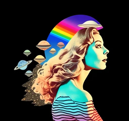 Prompt: A psychedelic collage featuring a photograph of a woman with blond curly long hair. The photo is cut and spliced with other photos and drawings of aliens, UFOs, rainbow spectrums are erupting from places, planets, stars, landscapes, and sparkles set amidst optical illusions of all kinds in geometric shapes giving an otherworldly surreal bizarre ufo alien effect to this psychedelic collage <mymodel>