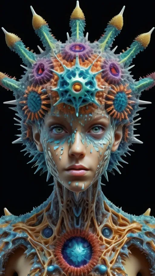 Prompt: Extremely hyperrealistic, ultra textural weird trippy psychedelic humanoid virus creature/entity queen crown jewelry cape, lots of crazy psychedelic compound human eyes, face, head, body, limbs, bright psychedelic colors, lots of light, Gyroid Structures, Moire Patterns, viruses: Viruses, virions, capsid, envelope, nucleocapsid, helical, icosahedral, spherical, filamentous, complex, polyhedral, bullet-shaped, rod-shaped, pleomorphic, enveloped, non-enveloped, spikes, glycoproteins, capsomeres, matrix proteins, lipid bilayer, surface proteins, tail fibers, head-tail structure, symmetry, size, morphology, electron microscopy, viral particles, viral structure, viral architecture, viral shapes, crystalline arrays, viral genome, RNA virus, DNA virus, segmented, non-segmented, capsid symmetry, viral envelope, tegument, viral surface, structural proteins, viral assembly, viral replication, host cell entry, viral budding, viral egress.