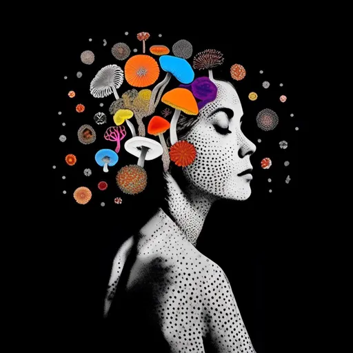 Prompt: A mixed media collage of a black and white photograph of a young woman growing all kinds of colorful multimedia psychedelic mushrooms and fungus out of her body (incorporate things like- but are not limited to - vibrant paints, enamels, glitters, metallic foils, newspaper and magazine cut paper, paint spatter, etc)<mymodel>