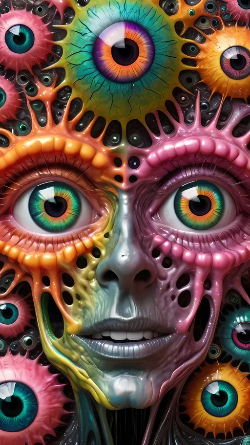 Prompt: an extremely hyper realistic ultra super textural weird trippy surreal psychedelic entity, crazy psychedelic compound human eyes, neurons, synapses, nervous system, chemicals, rows of human teeth, translucent black, hot pink, pinks, silver, yellow, orange, green, teal, copper, Gyroid Structures, oil slick rainbow sheen effect
