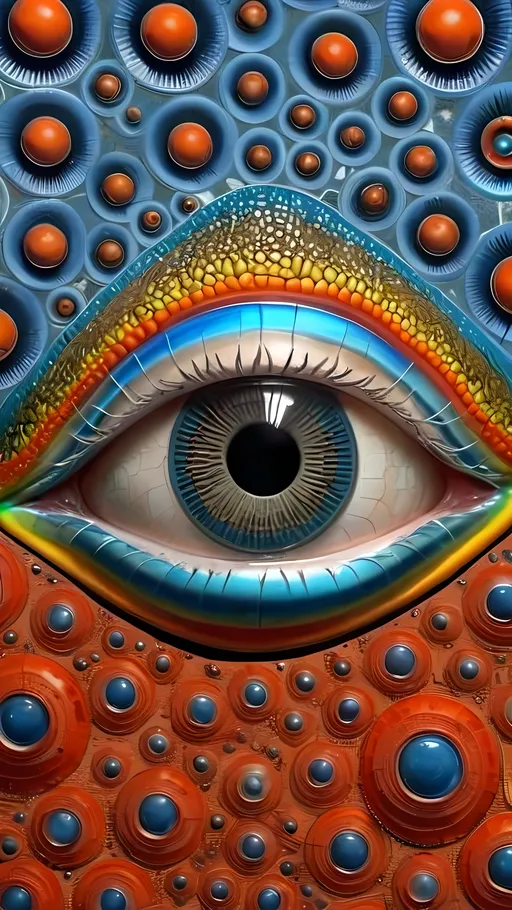 Prompt: Create an extremely hyper-realistic, ultra super textural, weird, trippy, surreal, psychedelic eyes/teeth/mouth pattern/design based on Triskelion & “Op Art tiling” with lots of human eyes (crazy colorful compound psychedelic), rows of human teeth, human lips, and tongues. 

- **Colors**: determined by the properties and expressions of the elements (& their isotopes), minerals, and metals: Tantalum (Ta), “Fusarium verticillioides”, Hematite, Crocoite, Trichroism

**Shapes and forms**
- Triskelion 
- "Op Art tiling" 
-other shapes determined by the natural properties and expressions of the elements (& their isotopes), minerals, metals, and biological organisms: diatoms, Tantalum (Ta), Hematite, Crocoite


- **Textures**: Derived from any/all elements (& their isotopes), minerals, metals, crystals, organic things mentioned in this prompt: Tantalum (Ta), “diatoms”, Hematite, Crocoite

**Composition and Layout**:
- a pattern/design based on the Op Art tiling & Triskelion 

**Lighting**:
- Trichroism
- Aventurescence
- Chatoyancy
- Asterism

**Detail and Atmosphere**:
- Extreme hyperrealistic sharp high detail high definition organic and mineral textures
- Psychedelic, weird, odd, surreal atmosphere
- Frozen in time

**Additional Elements**:
- extra rows of teeth, lips, many eyes, diatoms, Op Art tiling, Triskelion, Aventurescence, Chatoyancy
