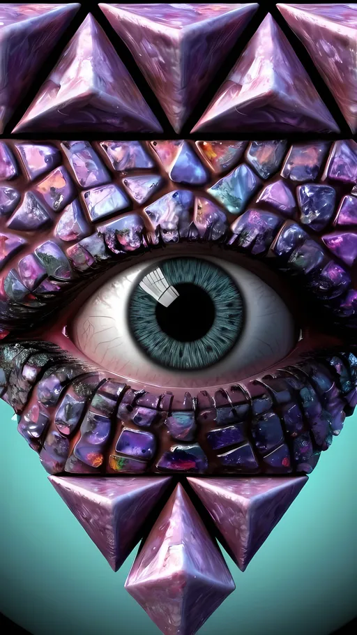 Prompt: Create an extremely hyper-realistic, ultra super textural, weird, trippy, surreal, psychedelic eyes/teeth/mouth pattern/design based on "Pascal's Triangle", with lots of human eyes (crazy colorful compound psychedelic), rows of human teeth, human lips, and tongues. 

- **Colors**: determined by the properties and expressions of the elements (& their isotopes), minerals, and metals: Lepidolite, Magnesium, silicon, hematite,  “Pascal's Triangle”

**Shapes and forms**
- "Pascal's Triangle" 
-other shapes determined by the natural properties and expressions of the elements (& their isotopes), minerals, metals, and biological organisms: Lepidolite, Magnesium, hematite; Octahedral

- **Textures**: Derived from any/all elements (& their isotopes), minerals, metals, crystals, organic things mentioned in this prompt:"Pascal's Triangle" , Lepidolite, Magnesium, 


**Composition and Layout**:
- a pattern/design based on "Pascal's Triangle"

**Lighting**:
- Lots of bright light
- zoomed out

**Detail and Atmosphere**:
- Extreme hyperrealistic sharp high detail high definition organic and mineral textures
- Psychedelic, weird, odd, surreal atmosphere
- Frozen in time

**Additional Elements**:
- "Pascal's Triangle", extra rows of teeth, lips, many eyes,
