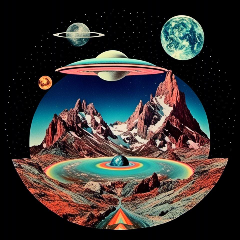 Prompt: a surreal trippy psychedelic collage evoking the feel of vintage sci-fi art. It will be set amongst trippy psychedelic patterns/optical illusions, alien/surreal/mountain landscapes, geometric shapes<mymodel>