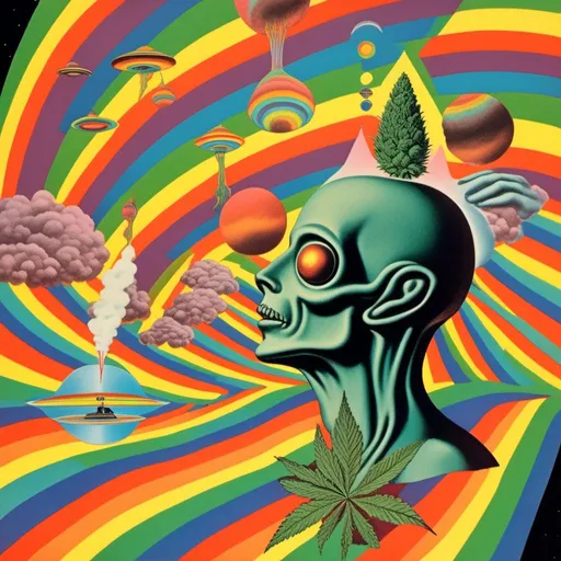 Prompt: A surreal vintage 70s psychedelic sci-fi collage involving- aliens, UFOs, cannabis, marijuana, aliens smoking reefer, aliens smoking weed out of a bong, spliced in with alien surreal landscapes, geometric shapes, optical illusions or trippy psychedelic patterns, planets and starts, rainbow spectrums<mymodel>