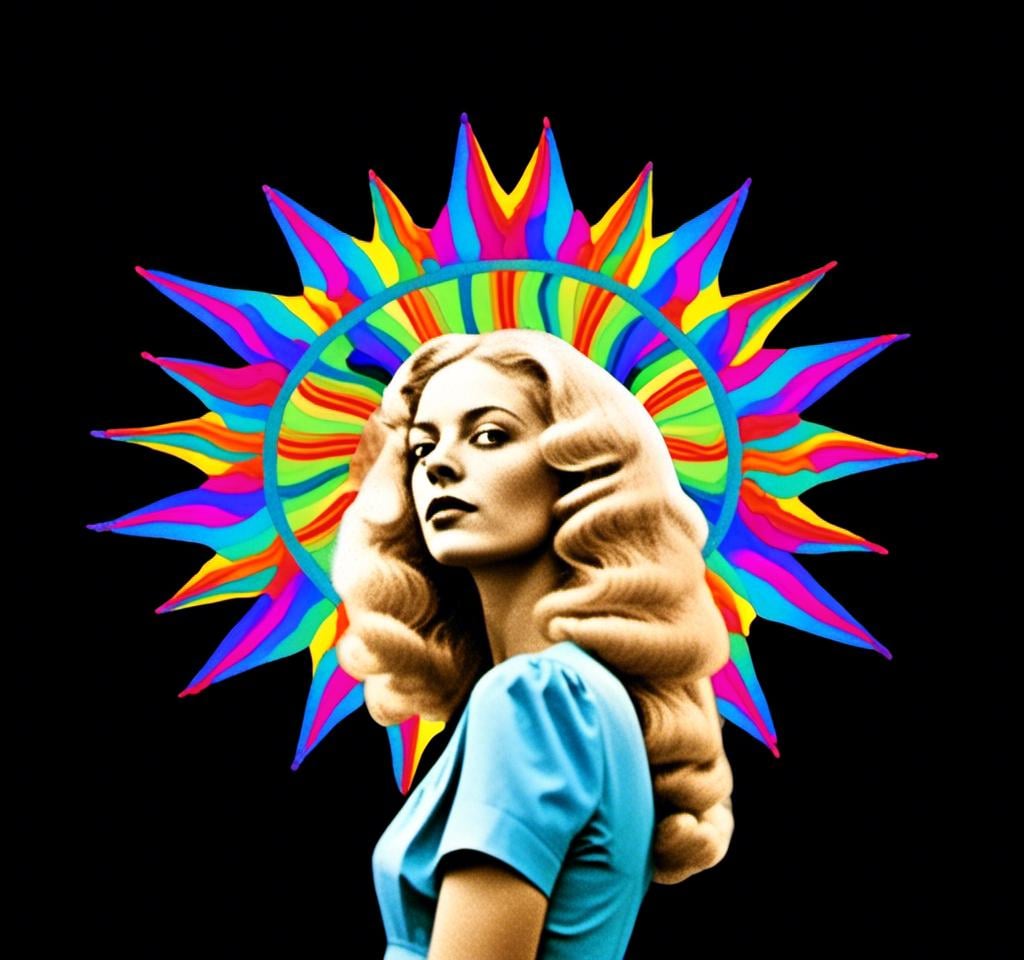 Prompt: A psychedelic collage featuring a photograph of a woman with blond curly long hair. The photo is cut and spliced with other photos and drawings of aliens, UFOs, rainbow spectrums are erupting from places, planets, stars, landscapes, and sparkles set amidst optical illusions of all kinds in geometric shapes giving an otherworldly surreal bizarre ufo alien effect to this psychedelic collage <mymodel>