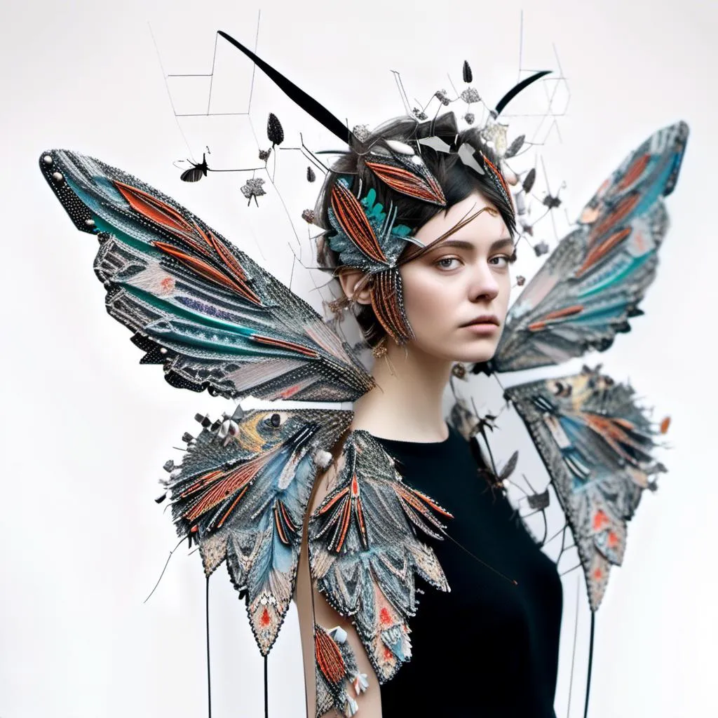 Prompt: a photograph of a woman (color or black and white) with multimedia elements added to create the appearance that she is a beautiful intricate moth, with moth wings and antennae created from paint, paper, photos, glitter, iridescent enamels, nail polish, rhinestones, thread and string, fabric, folded paper etc<mymodel>