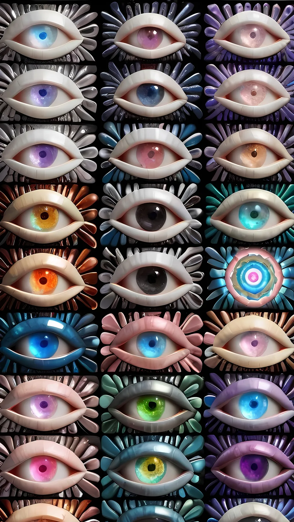 Prompt: Create an extremely hyper-realistic, ultra super textural, weird, trippy, surreal, psychedelic eyes/teeth/mouth pattern/design based on Mandelbrot & “Op Art tiling” with lots of human eyes (crazy colorful compound psychedelic), rows of human teeth, human lips, and tongues. 

- **Colors**: determined by the properties and expressions of the elements (& their isotopes), minerals, and metals: opal, moonstone, Kunzite, selenite, rose quartz, Platinum (Pt)

**Shapes and forms**
- Mandelbrot 
- "Op Art tiling" 
-other shapes determined by the natural properties and expressions of the elements (& their isotopes), minerals, metals, and biological organisms: opal, moonstone, Kunzite, selenite, rose quartz,  Platinum (Pt)


- **Textures**: Derived from any/all elements (& their isotopes), minerals, metals, crystals, organic things mentioned in this prompt: opal, moonstone, Kunzite, selenite, rose quartz, Platinum (Pt)

**Composition and Layout**:
- a pattern/design based on the Op Art tiling & Mandelbrot 

**Lighting**:
- lots of bright light
- Iridescence
- Aventurescence
- Chatoyancy
- Asterism

**Detail and Atmosphere**:
- Extreme hyperrealistic sharp high detail high definition organic and mineral textures
- Psychedelic, weird, odd, surreal atmosphere
- Frozen in time

**Additional Elements**:
- extra rows of teeth, lips, many eyes, Op Art tiling, Mandelbrot, Iridescence, Aventurescence, Chatoyancy
