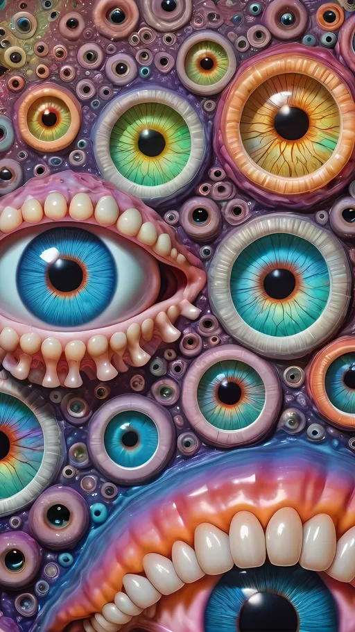 Prompt: an extremely hyper realistic ultra super textural weird trippy surreal psychedelic entity, Apollonian Gaskets, white, translucent, clear, bright bright pastel colors, oil slick rainbow sheen effect, lots and lots of light, lots of crazy colorful compound psychedelic human eyes, rows of human teeth, fungus, atoms, diatoms, Apollonian Gaskets