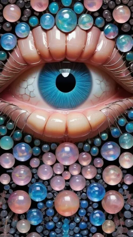 Prompt: Create an extremely hyper-realistic, ultra super textural, weird, trippy, surreal, psychedelic eyes/teeth/mouth pattern/design based on Mandelbrot & “Op Art tiling” with lots of human eyes (crazy colorful compound psychedelic), rows of human teeth, human lips, and tongues. 

- **Colors**: determined by the properties and expressions of the elements (& their isotopes), minerals, and metals: opal, moonstone, Kunzite, selenite, rose quartz, Platinum (Pt)

**Shapes and forms**
- Mandelbrot 
- "Op Art tiling" 
-other shapes determined by the natural properties and expressions of the elements (& their isotopes), minerals, metals, and biological organisms: opal, moonstone, Kunzite, selenite, rose quartz,  Platinum (Pt)


- **Textures**: Derived from any/all elements (& their isotopes), minerals, metals, crystals, organic things mentioned in this prompt: opal, moonstone, Kunzite, selenite, rose quartz, Platinum (Pt)

**Composition and Layout**:
- a pattern/design based on the Op Art tiling & Mandelbrot 

**Lighting**:
- lots of bright light
- Iridescence
- Aventurescence
- Chatoyancy
- Asterism

**Detail and Atmosphere**:
- Extreme hyperrealistic sharp high detail high definition organic and mineral textures
- Psychedelic, weird, odd, surreal atmosphere
- Frozen in time

**Additional Elements**:
- extra rows of teeth, lips, many eyes, Op Art tiling, Mandelbrot, Iridescence
