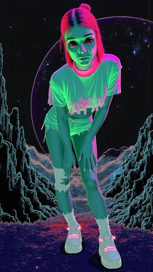 Prompt: **Prompt:**  
A green-skinned alien girl with a conical bald head and large solid black almond-shaped eyes is leaning slightly forward, her knees turned inward in a playful, mischievous pose. Her hands dangle loosely near her thighs, fingers spread casually, giving her a sassy and confident vibe. She’s dressed in a torn, neon crop top with jagged edges, fishnet stockings, and frayed, ultra-short denim shorts. Chunky platform sneakers with glowing accents complete her edgy, trashy look, and her metallic-painted nails catch the light, adding a flashy detail.  

The background is a surreal outer space scene, filled with swirling galaxies, shimmering stars, and glowing nebulae, all infused with glitching effects. Digital distortions ripple through the cosmic scene, with pixelated fragments, streaks of static, and cascading error lines blending seamlessly into the celestial environment. Bright neon colors pulse and flicker, as if the scene is part of a corrupted holographic projection. The edges of her figure glitch slightly, with parts of her blending into the swirling universe, creating a mesmerizing mix of cosmic beauty and digital chaos. The composition has a retro-futuristic, analog finish, like a distorted snapshot from a malfunctioning intergalactic feed.