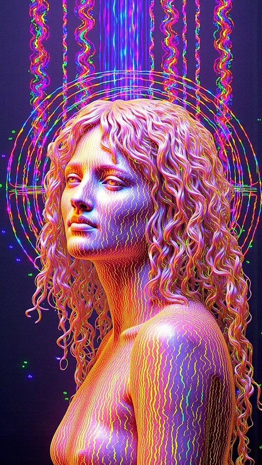 Prompt: An abstract design celebrating vibration as the root of all creation features a central figure—a woman with long blond curly hair—whose flowing strands transform into golden vibrating strings, radiating harmonic waveforms that blend seamlessly with the surrounding elements. The background is an intricate tapestry of cymatic and Chladni patterns, resembling mandalas in shimmering gold and silver tones, representing the intricate beauty of vibration. Ripple patterns, in shades of blue and green, expand outward from her position, creating concentric waves that symbolize the propagation of energy through space. Above and around her, vibrant auroral streaks of purple, pink, and blue dance like cosmic light waves, adding a dynamic, ethereal quality to the composition. Her presence is surrounded by circular, pulsating patterns that echo her form, creating a glowing halo effect of oscillating energy. Resonance and amplitude are emphasized through amplified, glowing waveforms near her, symbolizing her connection to the universal energy of creation. The entire design harmoniously blends the fluidity of ripple motion, the precision of cymatic geometry, and the organic flow of her hair, celebrating the interconnectedness of life and vibration in a cohesive yet abstract visual masterpiece.