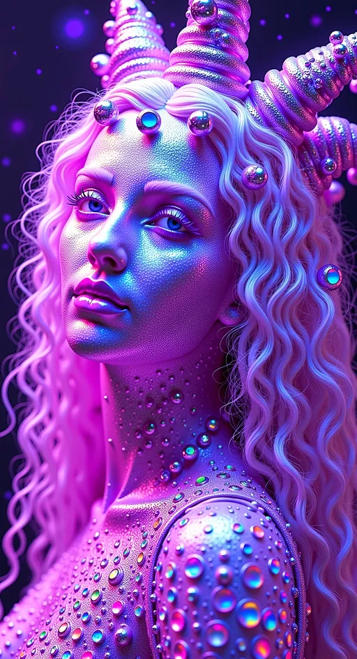 Prompt: Create a super hyperrealistic, finely detailed psychedelic Nouveau illustration of a Cosmic Jester. Feature the word MERRYPRANXTERworked organically into the background somehow.  This enchanting character is a merry prankster of the cosmos, an astral jokester dancing through time and space. She exudes a jester vibe, wearing feminine holographic jester attire & makeup with a feminine, harlequin twist. Not human, but humanoid, she is crafted from vibrant colored light, embodying an extra-dimensional extraterrestrial essence. Her presence is a beacon of joy, as she laughs and twirls through the cosmic astral realms, elevating vibes wherever she roams. 

Her beauty is otherworldly, with long, curly hair that shimmers like a cascade of colored light, appearing blonde yet transcending earthly hues. Her eyes sparkle with mischievous wisdom, and her attire is a dazzling array of intricate patterns and swirling colors, reminiscent of both jester garb and celestial phenomena.

Incorporate the text "the merrypranxter" above her in smaller, elegant lettering, seamlessly blending into the cosmic background. This text should capture the essence of her playful spirit, as if it were a whisper from the universe itself. The illustration should radiate her vibrant energy, portraying her as a timeless wanderer spreading joy and wonder throughout the cosmos.