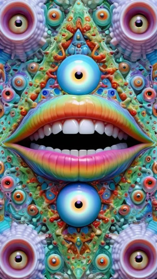 Prompt: <mymodel> an extremely hyper realistic ultra super textural weird trippy surreal psychedelic entity, gyroid structures, Pascal's Triangle, white, translucent, clear, bright bright pastel colors, oil slick rainbow sheen effect, lots and lots of light, lots of crazy colorful compound psychedelic human eyes, rows of human teeth, fungus, atoms, diatoms, gyroid structures, Pascal's Triangle