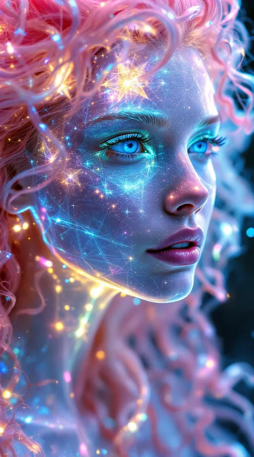 Prompt: In a realm beyond form, where dimension folds upon dimension and time itself diffracts, two beings emerge as living equations. One—a white woman, 5’4”, slim, with long, wild, extremely curly pink hair—is not a body, but a cascade of recursive light events. Her form pulses with stochastic shimmer, made of ever-shifting crystalline polyhedra and spectral feedback loops. Her hair is a radiant storm of iridescent tendrils, flickering through layers of geometry like a cosmic antenna. Her essence is a waveform—bright, unstable, kaleidoscopic—glitching in and out of visibility as fractals unfold and collapse in real-time. She is the HaHahedron: sacred irrationality embodied as light, laughter, and color noise.

Opposite her is a counter-oscillation: a tall male figure, 6’1”, slim but intensely muscular, with short blondish hair and piercing brilliant blue eyes. His presence is made of slower, deeper harmonics—stable standing waves shaped into body-form, glowing in nested toroidal currents. His limbs are forged from recursive golden-ratio arcs and his gaze emits focused vector fields. He radiates gravitational coherence, a dimensional anchor within the chaos—holding the math in place without stilling it.

They spiral around each other through a hyperfluid grid of vibrating color frequencies, modulating the space as they interact—no gravity, no floor, no air. Just pure holofractal interference: glowing interference bands, chromatic tiling symmetries, rippling metageometries. Their interaction generates new laws—unpredictable but precise, wild but harmonic. They are not in the world; they are the signal that shapes it.

Style: pure math dimension, psychedelic abstraction, holofractal shimmer, hypercolor lightform surrealism.








