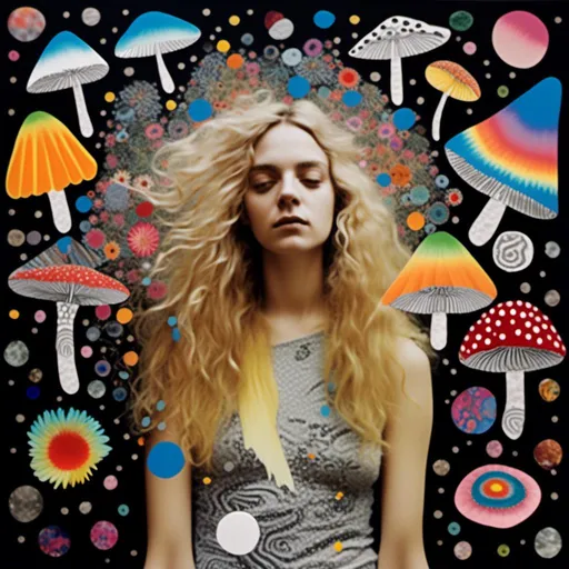 Prompt: <mymodel>Mixed media collage of a woman wing long blond curly hair having a psychedelic experience, herself a photograph, maybe in black and white or halftones, with mixed media hallucinations swirling around her, and mushrooms growing out of her made from paint, foils, glitter, sequins, stones, ripped and folded paper, thread, etc