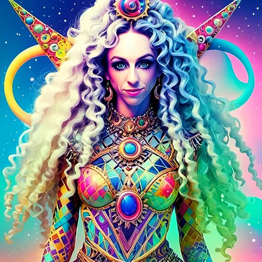 Prompt:  
"A radiant astral harlequinade jester with long wild curly hair dressed in avant-garde, iridescent clothing and accessories made entirely of sparkling light and fractals. The figure is glowing with cosmic energy, wearing an elaborate outfit that defies earthly fashion: flowing, asymmetrical designs with sharp angles and soft curves, crafted from swirling, colorful fractal patterns and shimmering, translucent light. The clothing features intricate details of kaleidoscopic geometry, glowing opalescent textures, and holographic accents that pulse with energy. Accessories include a bold, fractal crown or headpiece that radiates celestial light, statement earrings made of cascading star-like particles, and layered bracelets that refract into infinite rainbows. The overall vibe is futuristic, surreal, and unapologetically avant-garde, blending elements of high fashion with psychedelic aesthetics. The background is a glowing astral plane with swirling nebulas, fractal clouds, and sparkling cosmic dust, enhancing the ethereal and otherworldly vibe."
