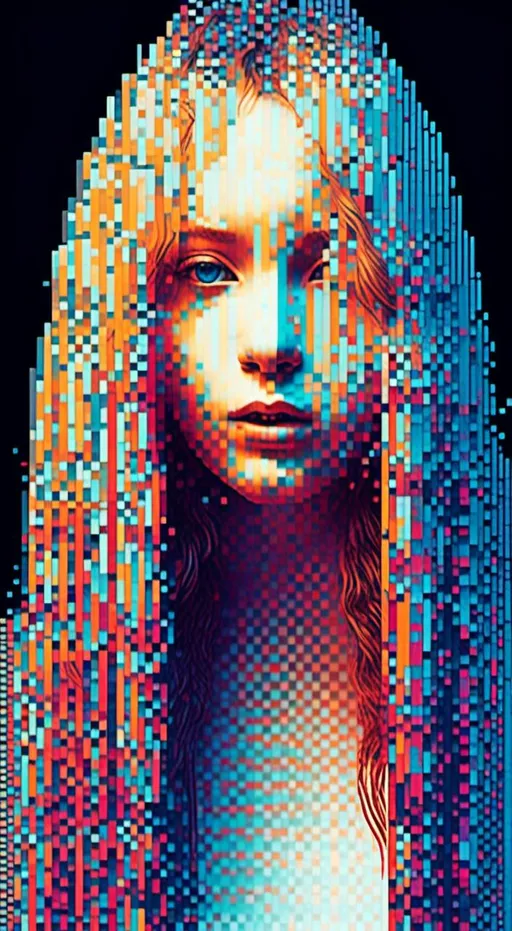 Prompt: <mymodel>Glitchy girl with long blond curly hair, glitched stretched pixels, psychedelic art style, highres, detailed hair, glitched effects, emotional expression, digital art, vibrant colors, surreal lighting