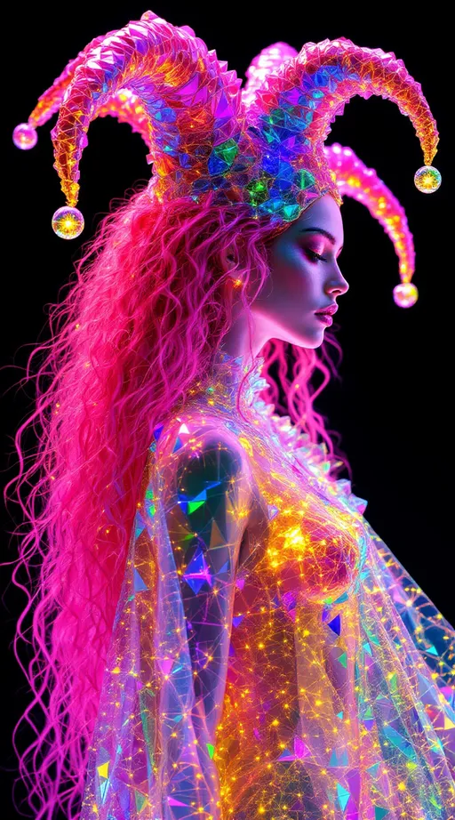Prompt: female figure, 5'4", white, 120 lbs, long wild curly neon-pink hair cascading like fiber-optic threads, glowing with internal light. Skin is translucent crystal with soft caustics and fractal shadows, built entirely from pure mathematical structure—muscles formed from swirling clusters of t-distributed Stochastic Neighbor Embedding, glowing point clouds mapped into smooth anatomical curves. Beneath the skin: flowing diffusion threads, soft trails of light mapping memory and relation, glowing in neon gradients—fuchsia, emerald, cyan. Bones aligned to principal component vectors, pose captured in variance-maximized clarity. She wears an oversized jester hat stitched from tessellated rainbow crystals, each node reflecting micro-spectra. Makeup: glowing variance sigils in holographic powder across cheekbones and brow. Clothing composed of crystalline tessellations and soft prism-fabric panels—fractal cape, asymmetric bodice, gradient leggings, caustic-reflective boots. Background pulses with dimensional collapse—orthogonal drift, equidistant paradox, space distorts softly around her. Rainbow caustics arc around limbs like laughing shadows. Eyes reflect full manifold geometry. No flesh, only light and logic—hyperreal data goddess of sacred joy, standing inside a chromatic storm of clustered laughter and soft divergence. A visual hymn of nonlinear color logic and radiant irreverence. Every edge razor-sharp. Every surface sings math.

