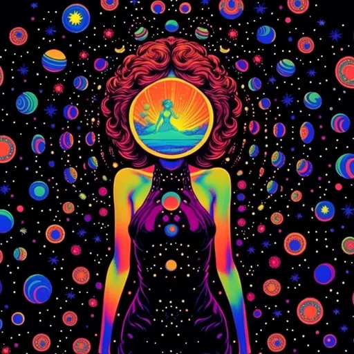 Prompt: <mymodel>Vintage 70s black light poster art illustration, girl hallucinating in space, psychedelic mushrooms, planets, moons, stars, fractals, vibrant colors, intense black light effects, detailed psychedelic girl, cosmic atmosphere, high quality, psychedelic, vintage, space, vibrant colors, fractal details, hallucination, girl illustration, retro art style, cosmic lighting