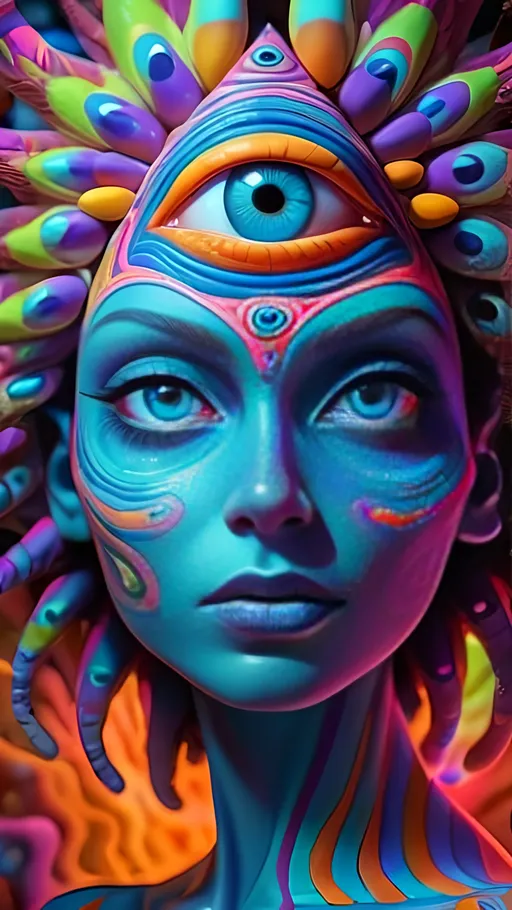 Prompt: <mymodel>Psychonauticore image with hallucinatory visuals, vibrant colors, psychedelic atmosphere, surreal third eye, trippy patterns, mind-bending, detailed psychedelic art, highres, vibrant colors, surreal, detailed trippy visuals, hallucinogenic, mind-bending, third eye, psychedelic atmosphere, colorful, professional, atmospheric lighting