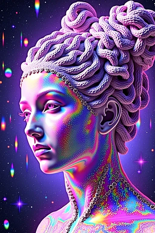 Prompt: Create a super hyperrealistic, finely detailed psychedelic Nouveau illustration of a Cosmic Jester. Feature the word MERRYPRANXTER worked organically into the background somehow.  This enchanting character is a merry prankster of the cosmos, an astral jokester dancing through time and space. She exudes a jester vibe, wearing feminine holographic jester attire & makeup with a feminine, harlequin twist. Not human, but humanoid, she is crafted from vibrant colored light, embodying an extra-dimensional extraterrestrial essence. Her presence is a beacon of joy, as she laughs and twirls through the cosmic astral realms, elevating vibes wherever she roams. 

Her beauty is otherworldly, with long, curly hair that shimmers like a cascade of colored light, appearing blonde yet transcending earthly hues. Her eyes sparkle with mischievous wisdom, and her attire is a dazzling array of intricate patterns and swirling colors, reminiscent of both jester garb and celestial phenomena.

Incorporate the text "the merrypranxter" above her in smaller, elegant lettering, seamlessly blending into the cosmic background. This text should capture the essence of her playful spirit, as if it were a whisper from the universe itself. The illustration should radiate her vibrant energy, portraying her as a timeless wanderer spreading joy and wonder throughout the cosmos.