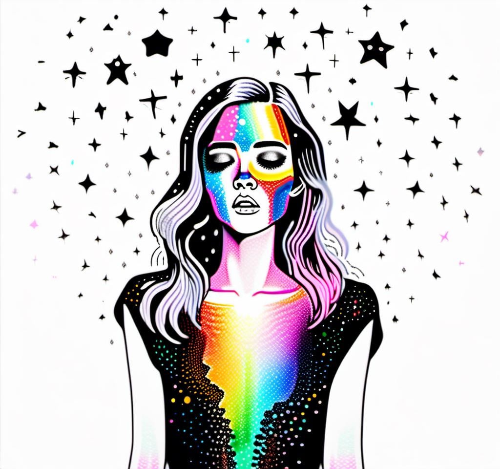 Prompt: a photograph (black and white or halftone) of a woman with multimedia colorful galaxies and stars in her wide eyes who is vomiting pure rainbows and stardust sparkles. She wretches as a beautiful spectrum of colorful light and sparklies made of paint, enamel, glitter, foils, pearl dust, rhinestones, metal, beads, marker, etc spills from her open mouth with force lighting up the room<mymodel>