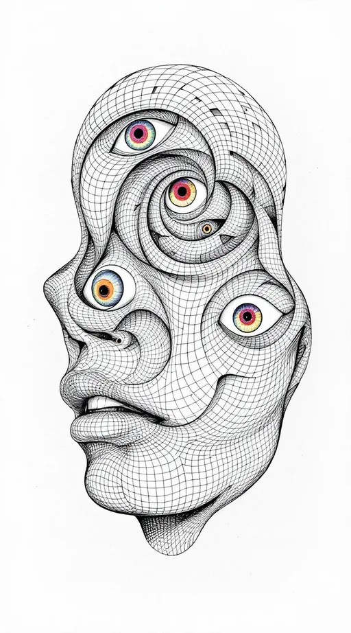 Prompt: A female face unfolds across impossible space—tessellated, recursive, and drawn in thick, uneven ink lines. In the style of La Planète Sauvage, she is not realistic but ritual: a hyper-stylized visage stretched across a non-Euclidean manifold, every contour warped by logic. Her expression is a paradox, hovering somewhere between diagram and myth. Eyes spiral as limit cycles around strange attractor loops, each one inked in tight elliptical bands, orbiting voids rimmed with rainbow halos. Her lips follow curved geodesics—pulled along warped surfaces in matte strokes of spectral pink and solar green. Her cheekbones ripple outward in Hilbert folds, crumpling the page behind her.

The entire face is embedded in a dual lattice: one half the Fractal Memory Field—drawn as nested Penrose tiles in dusty neon—and the other the Chromaflux Constraint Net, painted as hyperbolic grids stitched with glowing braid-knots. These patterns do not sit on her—they become her: nose a focal node of dimensional interference; forehead a Klein-braid of tiling syntax, spiraling in iridescent filament arcs.

Color here does not blend—it diffracts. Harsh rainbow lighting fractures across her skin like broken glass dipped in oil. Auroral ribbons loop through recursive mesh. Every layer of recursion shifts both shape and hue—chromatic torque spirals through Möbius arcs, folding prismatic glyphs into hyperspace along brush-scrawled vector lines.

Her hair dissolves into nested geometry: tessellated ribbons and spectral lattices curl like illustrated smoke, each strand tipped with moiré sparkles and drawn distortions. Her expression flickers with encoded meaning—half-symbol, half-glitch, alive within the folds of Riemann topology.

She is maximalist and spatially unstable. A conscious diagram. A sacred drawing of feedback loops and chroma logic. A face-shaped equation rendered in psychedelic ink.