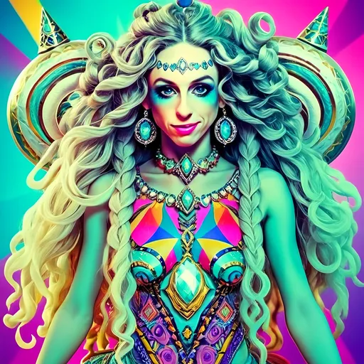 Prompt:  
"A radiant astral harlequinade jester with long wild curly hair dressed in avant-garde, iridescent clothing and accessories made entirely of sparkling light and fractals. The figure is glowing with cosmic energy, wearing an elaborate outfit that defies earthly fashion: flowing, asymmetrical designs with sharp angles and soft curves, crafted from swirling, colorful fractal patterns and shimmering, translucent light. The clothing features intricate details of kaleidoscopic geometry, glowing opalescent textures, and holographic accents that pulse with energy. Accessories include a bold, fractal crown or headpiece that radiates celestial light, statement earrings made of cascading star-like particles, and layered bracelets that refract into infinite rainbows. The overall vibe is futuristic, surreal, and unapologetically avant-garde, blending elements of high fashion with psychedelic aesthetics. The background is a glowing astral plane with swirling nebulas, fractal clouds, and sparkling cosmic dust, enhancing the ethereal and otherworldly vibe."
