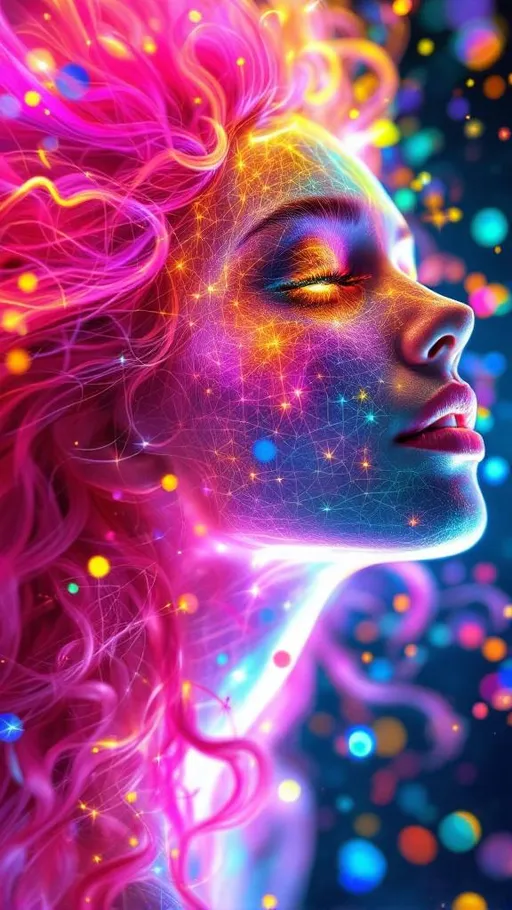 Prompt: She radiates joyful recursion—her face aglow with Newton fractal basin webs, each iridescent patch a rainbow logic map flickering with emotion. Cheekbones prism into crystal lattices—thought-nodes sparkle like math gems, pulsing with cognitive harmony. Every blink sends spectral ripples across skin; laughter folds into light. Her hair—a wild, living storm of long pink curls—burns in fractal flame trails, each strand trailing neon fire that morphs in chaotic colorbursts. The curls twist in self-affine defiance, scaling and warping across invisible axes—no symmetry, just vibrant mathplay. Her whole head is an attractor bloom: color feedback, glitch flickers, and dreamcode shimmer. Holographic math sigils orbit her like joyful satellites, reacting to her giggle-fields. She is a lightfield girl, glitch-goddess of fractal joy and radiant chaos.”
—
 Visual Keywords:
Rainbow Newton fractals, crystal lattice cheekbones, pink fractal flame curls, self-affine chaos hair, math sigils, joyful glitch aura, neon colorburst, recursive laughter light, holographic emotion field