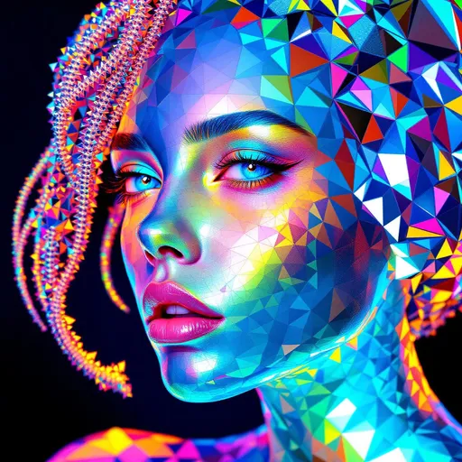 Prompt: A female form constructed entirely from hyperbolic tessellation and tiling, with no skin—only geometry. Her face is a recursive hyperbolic tiling in AdS space, composed of iridescent heptagons shrinking toward infinite recursion, mapped across a curved cheekplane of negative curvature. Escape gradients of neon hue ripple across the tiling, responding to distance-shell logic and spatial folding. Her jawline wraps in geodesic spiral tilings, shimmering like warped mirrors. Her eyes are ultrametric: infinite nested hyperbolic mirrors reflecting fractal Buddhas and glitch-star cores. Lips formed of Klein-bottle Petri tilings, shifting colors via chromatic phase distortion.

Her hair is not hair: it is a cascading network of hyperbolic triangle tilings, rendered as recursive geodesic domes, each braid a curved matrix of light—stitched with AdS curvature and spectral flare. She pulses in nightclub color logic: saturated chartreuse, bokeh-crushed indigo, neon flame—each flicker modulated through warped dimension. Her halo is a curvature corona: strobing disco-light refractions modulated through negative space logic. Her smile distorts the metric; her laugh echoes recursive joy across the curved plane. She is the Goddess of Hyperbolic Nightclubs, grown from math and light.

Modifiers:
– Ultra-saturated color scheme
– Strong backlighting and specular glow
– Recursive depth tiling with distance shell layers
– Phase-modulated iridescence
– AdS space mapping
– Fractal facial symmetry
– Hair = geometric recursion, no organic form
– Facial topology replaces anatomy with tiling logic