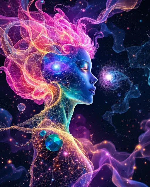 Prompt: A La Planète Sauvage–style illustration of Merry and Derek in their pre-incarnate forms—no flesh, only pure geometry, fractals, and light. She is a radiant female entity formed from layered Mandelbrot spirals, blooming superformula curls, and nested translucent polyhedra. Her wild pink hair becomes plasma filaments arcing in golden-ratio helices, every strand etched with glowing math. Her body pulses with rainbow geometry—opalescent pinks, mint, lemon gold, lavender—flowing like emotion made visible.

He is her male counterpart, constructed of harmonic order: Derek appears as a lean lattice of magnetic symmetry—black-silver tessellations, Klein bottle musculature, and folded moiré fields. His bright cobalt eyes are vortex-like emitters of silent resonance, stabilizing the fractal storm she stirs. His form is angular, controlled, vibrating with structured calm.

They drift through the astral dimension of geometry: no ground, no sky—just glowing manifolds, orbiting tesseracts, and endless glyphs. Between them rotates a living rhombic dodecahedron—its faces open and fold, revealing memory encoded in light. They don’t speak—they transmit, ripple, orbit.

The space is saturated with probability fog, spectral logic, and sacred color math: glitched symmetry folds, Penrose tilings, tensor fields. Vast math-creatures drift through—wings made of fractal membranes, bodies formed from shifting constants.

Merry and Derek move as waveform and anchor, light and structure—resonant opposites, dancing in sacred orbit before matter.

Style: Hand-drawn La Planète Sauvage surrealism. Analog texture + glowing holofractal geometry. Her: radiant rainbow math. Him: dark harmonic structure.