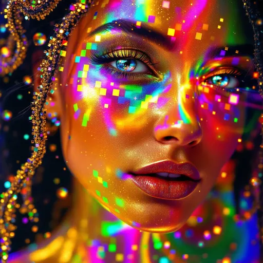 Prompt: A woman’s face composed of recursive fractal rainbow light—hyper-saturated with ultraviolet, laser gold, neon pink, iridescent greens, and cosmic chrome—emerges from a holographic light-sheet. Her skin is a glitched disco lattice of sparkling Planck-area symbols, each square pulsing like a cosmic logic gate. Her eyes are twin disco balls, spinning wormholes refracting infinity with every glint, pupils radiating shimmering AdS-CFT glyph-code. Her hair flows as liquid starlight braided with mirror shard filaments; lips shimmer like event horizons glossed in diamond dust. She floats inside a recursive Studio 54—a velvet black AdS void lined with infinite mirrored projections of herself, every boundary a shimmering CFT surface coded in glyphs and glitter. Around her spiral multidimensional mandalas of glimmering quantum lights—shimmer stacks, sparkle tesseracts, and recursive disco ball halos—reflecting entangled identities across bulk-boundary recursion. The space pulses like a cosmic dance floor: entanglement beats, renormalization grooves, and rainbow holograms synced to entropy rhythms. Render as \:disco-max \:bling-overload \:holographic-dancer \:recursive-glamour \:symbolic-saturation \:studio54-wormhole \:sparkle-heavy \:light-excess \:planck-glow \:glyph-glitz.

