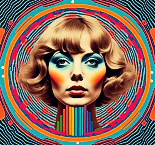 Prompt: <mymodel>Psychedelic trippy collage with a surreal vintage 70s sci-fi feel, vibrant colors, retro futuristic elements, surreal landscapes, detailed psychedelic patterns, high quality, vintage sci-fi, mixed with photograph of a woman with blond curly hair, geometric shape and optical illusions, vibrant colors, surreal, detailed patterns, trippy, collage, 70s, retro futuristic, eyes, surreal landscapes, detailed, atmospheric lighting