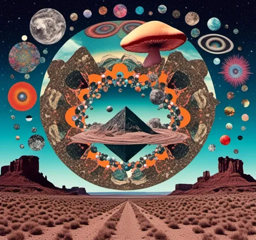Prompt: <mymodel>surreal Psychedelic collage of spliced photographs, mushrooms, crystals, alien landscapes, desert landscapes, mountain landscapes, space, planets, orbs, psychedelic patterns, geometric shapes, optical illusions, highres, ultra-detailed, surreal, psychedelic, vibrant colors, cosmic, intricate details, surrealistic, dreamy lighting
