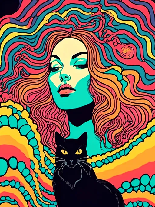 Prompt: <mymodel>Psychedelic poster illustration of a girl with long, curly blond hair, solid black cat, trippy mushrooms, vibrant colors, high-quality, poster art, surreal, detailed hair, psychedelic, detailed cat, colorful, vibrant, surreal, professional lighting