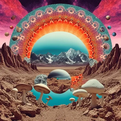 Prompt: <mymodel>surreal Psychedelic collage of spliced photographs, mushrooms, crystals, alien landscapes, desert landscapes, mountain landscapes, space, planets, orbs, psychedelic patterns, geometric shapes, optical illusions, highres, ultra-detailed, surreal, psychedelic, vibrant colors, cosmic, intricate details, surrealistic, dreamy lighting