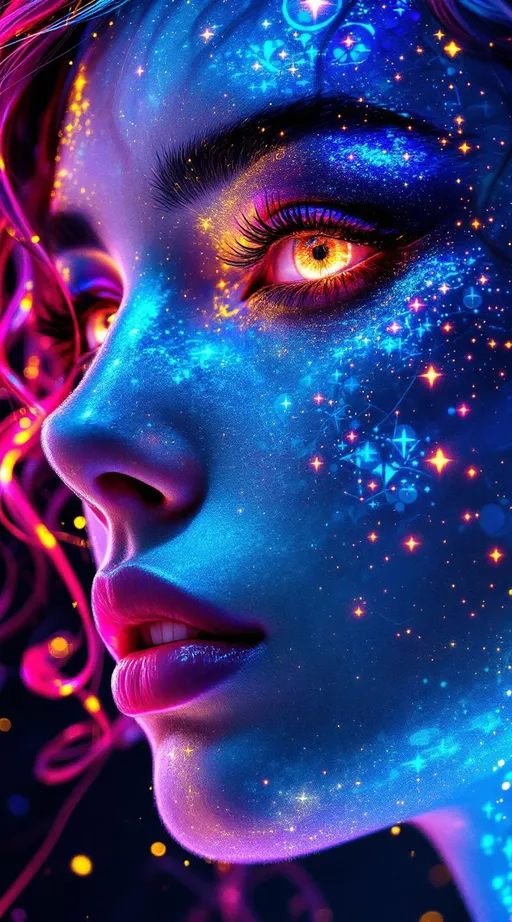 Prompt: Her face is a modular masterpiece—cheekbones traced with the shimmer of moonshine symmetry, every angle tuned to a hidden harmonic. Newton fractal veins glow faintly beneath translucent skin, shifting in color with each emotion. Her eyes burn with prime number fire, irises tiled in Penrose symmetry, blinking with curved light logic. Laughter echoes in Hilbert paths across her cheeks—space-filling joy spirals, soft and bright. Hair spills around her in radiant pink curls, styled by quasiperiodic forces and recursive wave equations—each strand flowing in luminous fractal tension. Geometry pulses at the hairline, recursive symbols glinting in neon mathdust. She is wrapped in hyperbolic aura-rings, layered in color-feedback like living topology, her presence refracting sacred math through joy, emotion, and colorfields.”

⸻

Visual Keywords:
Modular face symmetry, Newton glow skin, Penrose-tiled irises, Hilbert smile trails, pink recursive curls, fractal symbol halo, hyperbolic color aura, neon mathdust, prime fire eyes