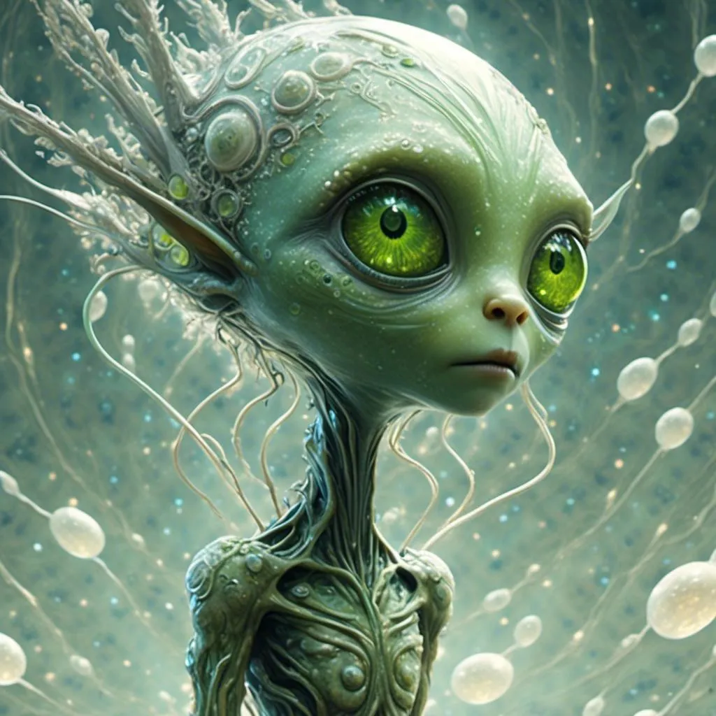 Prompt: <mymodel> Extremely hyperrealistic alien, little green man, extraterrestrial, trippy, crop circles, ufo, spaceship, surreal, odd, weird, unsettling, multidimensional,  outer space, alien planet, asteroids, small humanoid figure with smooth green skin, big head, almond shaped solid black eyes, retrofuturistic, , translucent, silver, white, gray, ultra textural, ufo, flying saucer, green, pink, orange, yellow, silver metallic, spaceship, led lights, futuristic