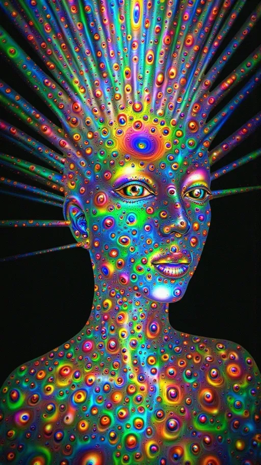 Prompt: Hyper-saturated surreal portrait of MERRY, glowing with rainbow hologram hair that erupts outward in radiant filaments of neon aurora, each strand refracting into impossible spectra. She is suspended inside a vast unfolding tesseract rendered as crystalline glass architecture, its 4D geometry collapsing into nested cubes that rotate, bend, and stretch through her body. Each cube-face is a translucent holographic membrane, rippling with interference rainbows and refractive gradients, warping space into infinite recursive reflections. Her form multiplies fractally across the tesseract’s facets, each shard of her body shimmering like stained-glass probability waves. Around her, gravity folds inward—floors become walls become ceilings—non-Euclidean corridors spiraling into luminous vanishing points. The entire environment pulses with maximalist saturation: molten pinks, searing teals, violent purples, rainbow flares dripping like liquid fire. Medium: maximalist psychedelic surrealism, higher-dimensional math holography, neon rainbow op-art. Lighting: hyper-prismatic, iridescent, infinitely recursive.”
