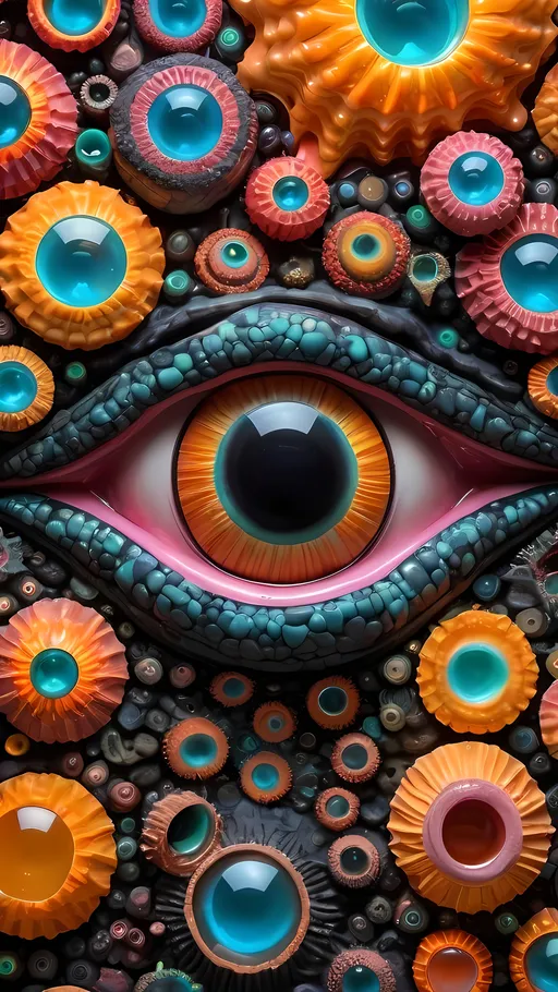 Prompt: an extremely hyper realistic ultra super textural weird trippy surreal psychedelic entity, Birefringence, Gyroid Structures, translucent, matte black, druzy, geode, Neutron Star Crust, Fullerenes, bright yellows, pinks, teals and oranges, lots and lots of light, lots of crazy colorful compound psychedelic human eyes, rows of human teeth, human lips, tongues, Gyroid Structures,  quantum foam, Hydrodictyon, algae, Fullerenes, extreme high definition organic and mineral textures