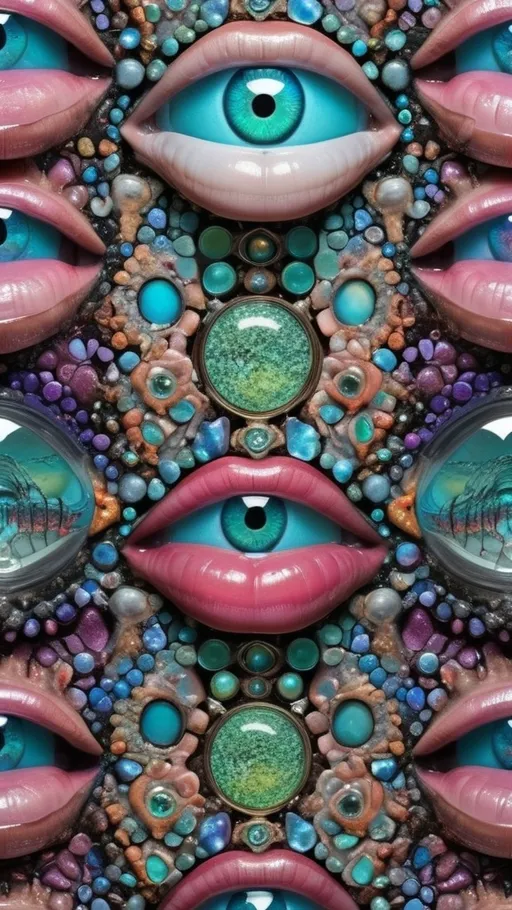 Prompt: an extremely hyper realistic ultra super textural weird trippy surreal psychedelic entity, penrose tiling, ,,, translucent, white, pearlescent finish, inlaid opal, glittering crystal accents, silver, pyrite, quartz,, chrome, bright vivid teals, blues, pinks/yellows/greens,purples,  lots and lots of light, lots of crazy colorful compound psychedelic human eyes, rows of human teeth, human lips, tongues, fungus,  atoms, diatoms, diatomic, algae, bryozoans, Penrose tiling, extreme high definition organic and mineral textures