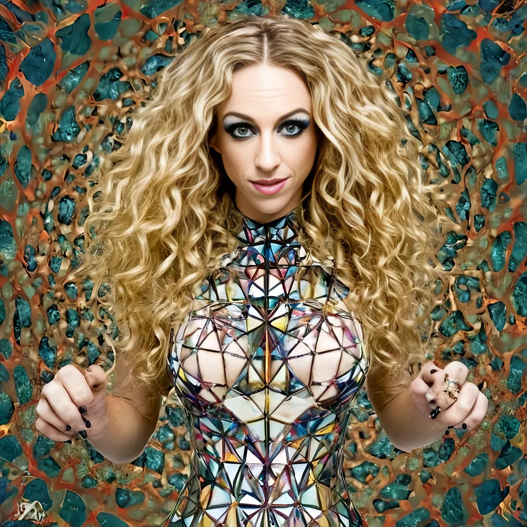 Prompt: a psychedelic hallucination of a female with long blond curly hair modeling avant Garde fashions accessories and makeup created directly out of multidimensional geometry fractals, hypercubes, non Euclidean geometry, psychedelic fashion halucinations 