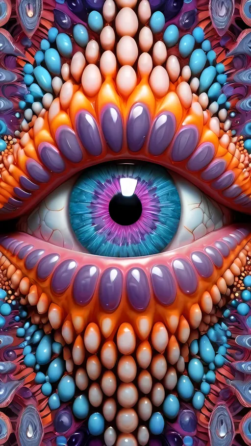 Prompt: Create an extremely hyper-realistic, ultra super textural, weird, trippy, surreal, psychedelic eyes/teeth/mouth pattern/design based on Mandelbrot & “Op Art tiling” with lots of human eyes (crazy colorful compound psychedelic), rows of human teeth, human lips, and tongues. 

- **Colors**: determined by the properties and expressions of the elements (& their isotopes), minerals, and metals: opal, moonstone, amethyst, rose quartz, Platinum (Pt)

**Shapes and forms**
- Mandelbrot 
- "Op Art tiling" 
-other shapes determined by the natural properties and expressions of the elements (& their isotopes), minerals, metals, and biological organisms: opal, moonstone, amethyst, rose quartz,  Platinum (Pt)


- **Textures**: Derived from any/all elements (& their isotopes), minerals, metals, crystals, organic things mentioned in this prompt: opal, moonstone, amethyst, rose quartz, Platinum (Pt)

**Composition and Layout**:
- a pattern/design based on the Op Art tiling & Mandelbrot 

**Lighting**:
- lots of bright light
- Phosphorescence

**Detail and Atmosphere**:
- Extreme hyperrealistic sharp high detail high definition organic and mineral textures
- Psychedelic, weird, odd, surreal atmosphere
- Frozen in time

**Additional Elements**:
- extra rows of teeth, lips, many eyes, Op Art tiling, Mandelbrot 
