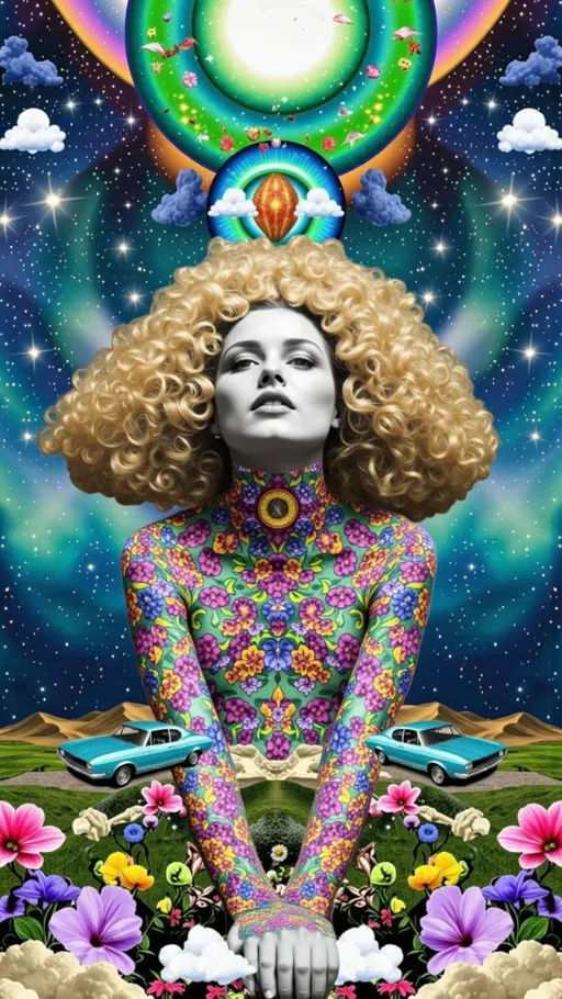 Prompt: **Prompt:**  
A surreal psychedelic collage featuring a woman with long, flowing blonde curly hair, her face melting seamlessly into a cascade of vibrant, bioluminescent mushrooms. The background is a cosmic outer space scene with swirling galaxies, nebulae, and shooting stars. Interwoven into the composition are contrasting elements: vintage cars with a retro-futuristic vibe, blooming wildflowers in vivid colors, fragmented landscapes that blend deserts, forests, and oceans, and random abstract objects like floating clocks, neon signs, and holographic prisms. The entire image is infused with a kaleidoscopic, dreamlike aesthetic, with trippy, melty textures and vibrant, glowing colors. Hyperrealistic details combined with glitch art effects create a mesmerizing, otherworldly vibe.
