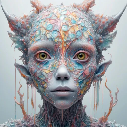 Prompt: <mymodel> Extremely hyperrealistic psychedelic geometric creature, multidimensional geometry, nonhumanoid  geometric shape, translucent, silver, white, bright pastel colors, fractals, ultra textural, creature, monster, entity, face/body/mouth, eyes