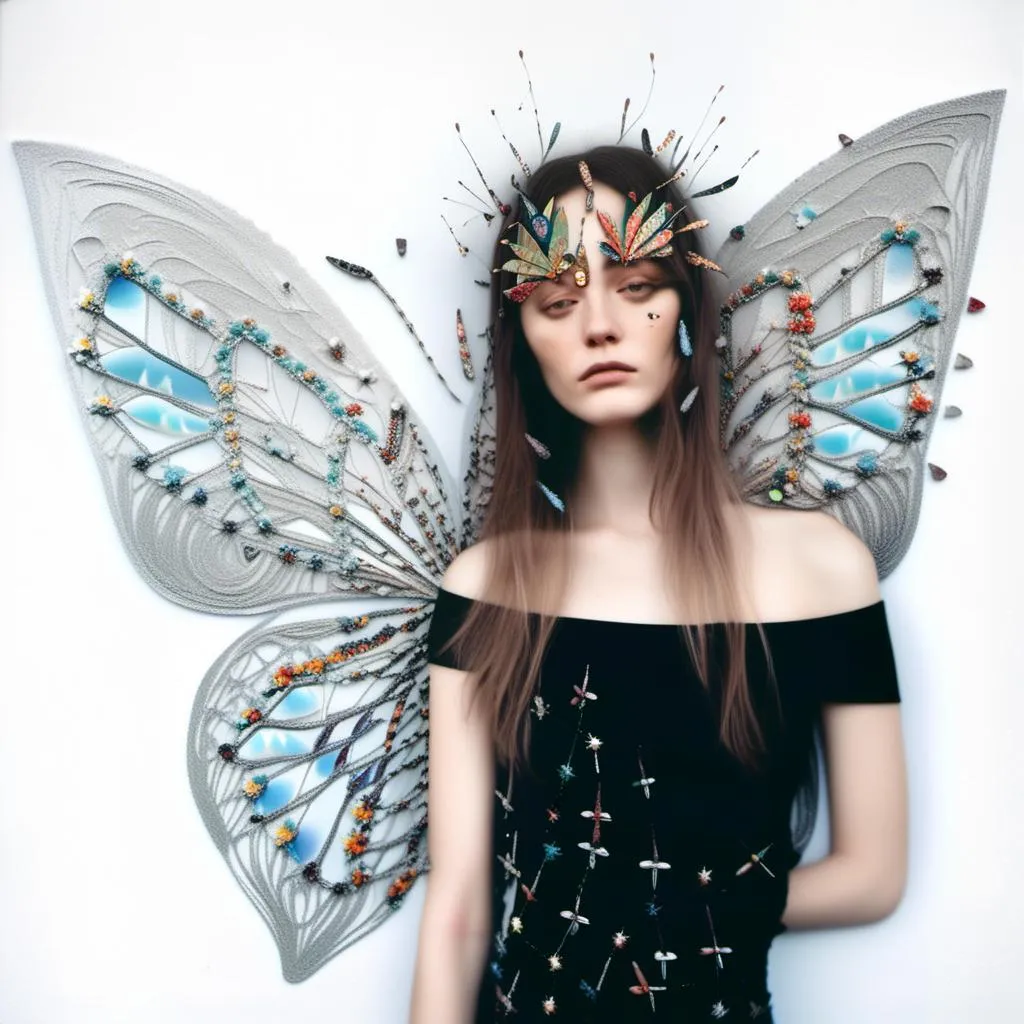 Prompt: a photograph of a woman (color or black and white) with multimedia elements added to create the appearance that she is a beautiful intricate moth, with moth wings and antennae created from paint, paper, photos, glitter, iridescent enamels, nail polish, rhinestones, thread and string, fabric, folded paper etc<mymodel>