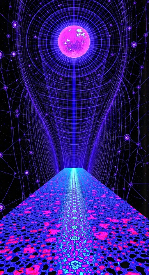 Prompt: Imagine a 3D space that feels like a surreal, cosmic room. The floor is a mesmerizing op art pattern, reminiscent of Escher's impossible geometry, drawing the eye into infinity. This ground level is alive with fractal mathematics, creating a sense of endless depth and complexity.

The walls of this room are formed by a delicate lattice of microscopic structures, showcasing the intricate beauty of diatoms and radiolarians. These microscopic choices are woven together with the organic textures of mold and lichen, giving the space a living, breathing quality that speaks to the interconnectedness of life.


This cosmic room is further enriched by elements of copper and gold, their warm hues contrasting with the cool blues and silvers of the space. The air is filled with a sense of quantum possibilities, where particles dance in a state of superposition, creating an atmosphere of wonder and curiosity.

---

I hope this prompt gives you the inspiration you need to create a truly unique and captivating scene! If you want me to whip up an image from this prompt, just say the word!