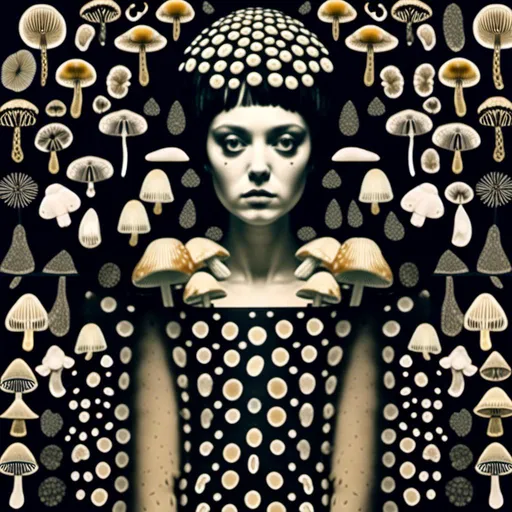 Prompt: a mixed media collage of a girl wearing or growing mushrooms/fungus as clothing body parts and accessories. She is a black and white or halftone photograph, the mushrooms and fungal growths are to be mixed media, including but not limited to paint, enamel, foils, glitter, sparkle, sequins, found objects, natural items, rhinestones etc <mymodel>