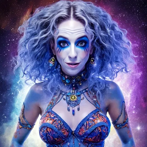 Prompt: Create a surreal, psychedelic cosmic goddess in a vibrant Art Nouveau style. The figure is a celestial jester with a glowing, otherworldly blue skin tone, adorned with intricate, textured patterns. Her hair is long, wavy, and multicolored, flowing like liquid rainbows. She wears a form-fitting, shimmering bodysuit with iridescent, pastel colors and delicate beadwork, blending fractals and op art tiling. Her jester hat has curved, striped horns tipped with glowing orbs, radiating soft light. Around her neck and chest are ornate, jeweled chokers and pendants, glowing with cosmic energy. 

The background is a star-filled galaxy, with vibrant nebulae and twinkling stars casting a soft, ethereal glow. Subtle fractal patterns and glowing geometric shapes float around her, enhancing the mystical atmosphere. Her pose is graceful and commanding, with hands outstretched, palms glowing with radiant energy. The entire scene exudes a blend of cosmic mysticism, psychedelic aesthetics, and vintage circus vibes, with a focus on intricate details and vibrant, harmonious colors.